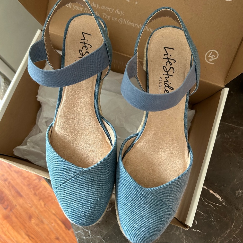 Life Stride Denim Blue Slingback Espadrille Wedge
